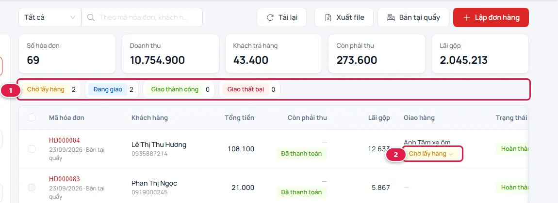 Màn Hóa đơn với dãy thẻ lọc Chờ lấy hàng, Đang giao, Giao thành công, Giao thất bại kèm số đơn, và thẻ Chờ lấy hàng ở dòng hóa đơn vừa bán