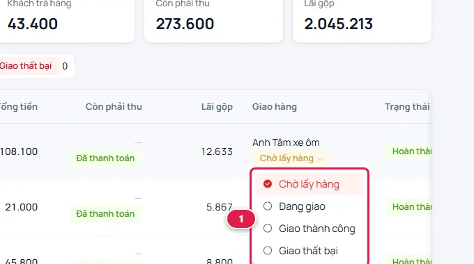 Bấm vào thẻ Chờ lấy hàng hiện danh sách bốn tình trạng: Chờ lấy hàng, Đang giao, Giao thành công, Giao thất bại