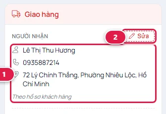 Phần Người nhận hiện tên Lê Thị Thu Hương, số điện thoại và địa chỉ theo hồ sơ khách hàng, cùng nút Sửa