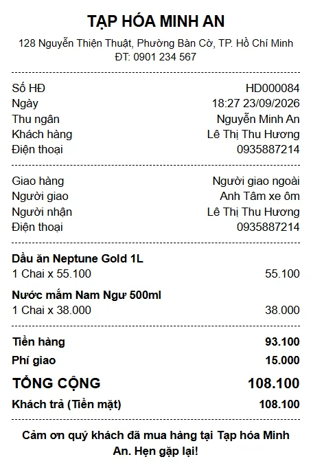 Phiếu tính tiền có phần Giao hàng: Người giao ngoài, Anh Tâm xe ôm, người nhận Lê Thị Thu Hương, phí giao 15.000, tổng cộng 113.000