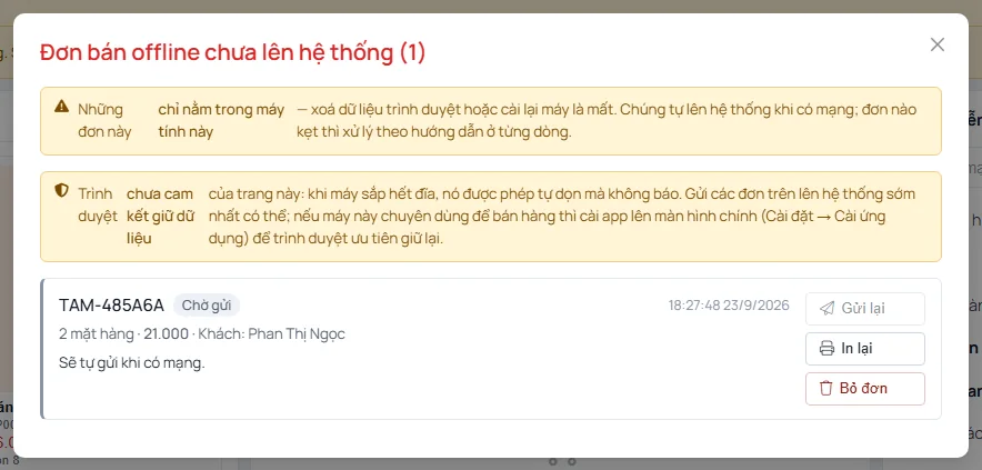 Bảng Đơn bán offline chưa lên hệ thống (1) với đơn TAM- trạng thái Chờ gửi, 2 mặt hàng, 21.000, khách Phan Thị Ngọc, các nút Gửi lại, In lại, Bỏ đơn
