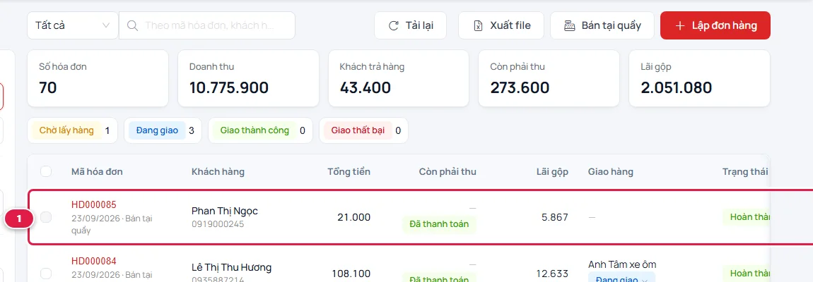 Màn Hóa đơn, dòng đầu là hóa đơn HD của khách Phan Thị Ngọc 21.000 đã thanh toán, được khoanh đỏ
