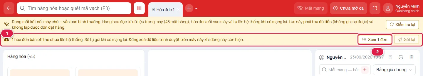 Dải báo 1 hóa đơn bán offline chưa lên hệ thống, kèm nút Xem 1 đơn và nút Gửi lại