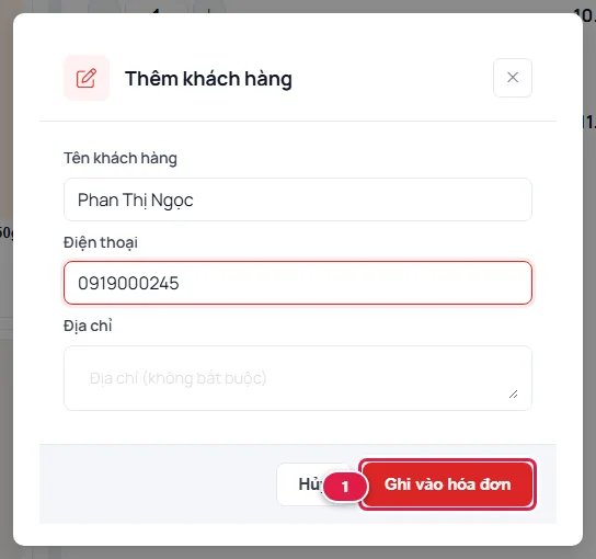 Hộp thoại Thêm khách hàng khi mất mạng, đã gõ tên Phan Thị Ngọc và số điện thoại, nút Ghi vào hóa đơn