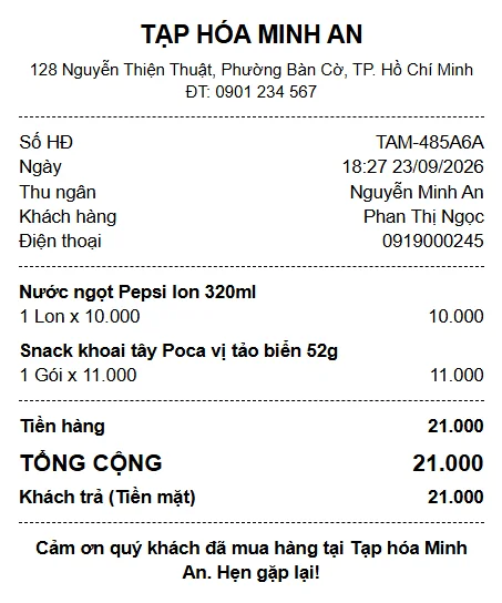 Phiếu tính tiền in lúc mất mạng, dòng Số HĐ ghi mã tạm TAM- theo sau là 6 ký tự, khách Phan Thị Ngọc, tổng cộng 21.000
