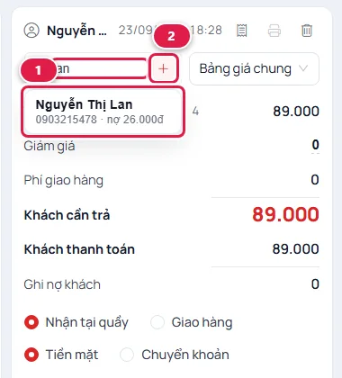 Gõ lan vào ô tìm khách, danh sách hiện Nguyễn Thị Lan kèm số điện thoại và số nợ 26.000đ