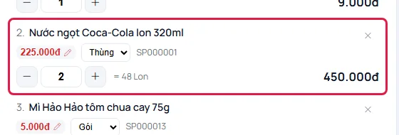 Dòng Coca-Cola đổi sang đơn vị Thùng: giá 225.000đ một thùng, số lượng 2, ghi chú bằng 48 Lon, thành tiền 450.000đ