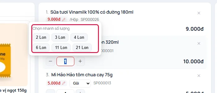 Bảng Chọn nhanh số lượng với các nút 2 Lon, 3 Lon, 4 Lon, 6 Lon, 11 Lon, 21 Lon