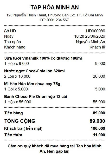 Phiếu tính tiền khổ 80mm của Tạp hóa Minh An: số hóa đơn, giờ bán, thu ngân, khách lẻ, 4 món hàng, tổng cộng, khách trả tiền mặt 100.000 và tiền thừa
