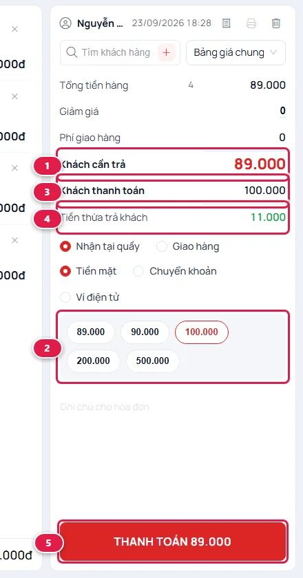 Cột thanh toán: Khách cần trả 89.000, các nút gợi ý tiền 89.000, 90.000, 100.000, Khách thanh toán 100.000, Tiền thừa trả khách 11.000 và nút THANH TOÁN