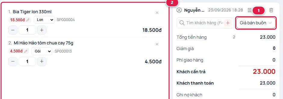 Màn Bán hàng: ô chọn bảng giá đang là Giá bán buôn số 1; hóa đơn có Bia Tiger 18.500 và Mì Hảo Hảo 4.500 theo giá bán buôn số 2