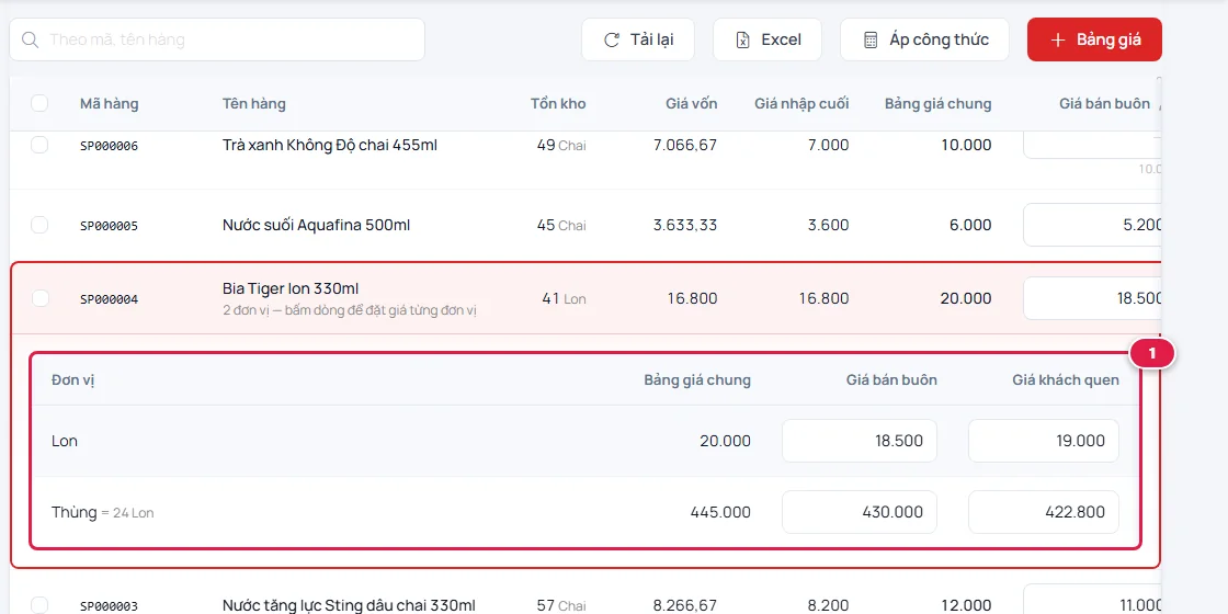 Dòng Bia Tiger được bung ra bảng đơn vị: Lon 20.000 giá chung, 18.500 bán buôn, 19.000 khách quen; Thùng 24 lon 445.000 giá chung, 430.000 bán buôn, 422.800 khách quen