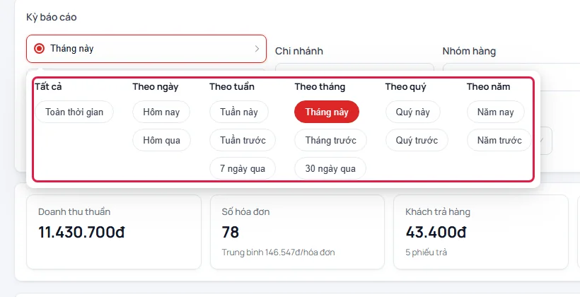 Bảng chọn nhanh kỳ báo cáo chia theo ngày, tuần, tháng, quý, năm