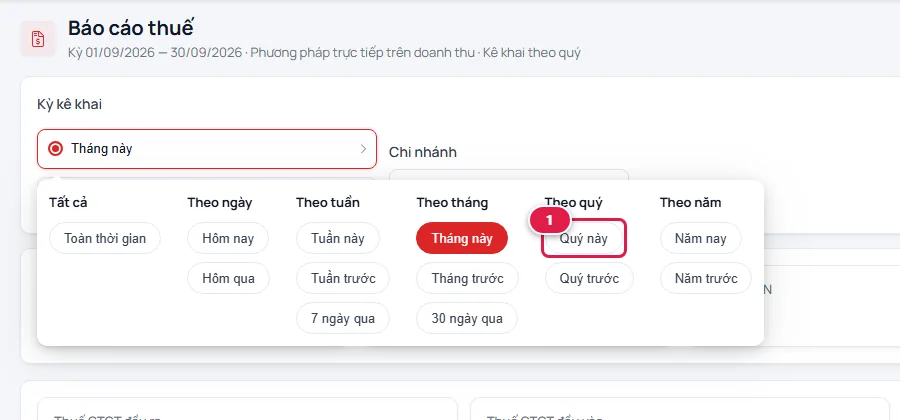 Bảng chọn nhanh kỳ kê khai, nút Quý này được khoanh