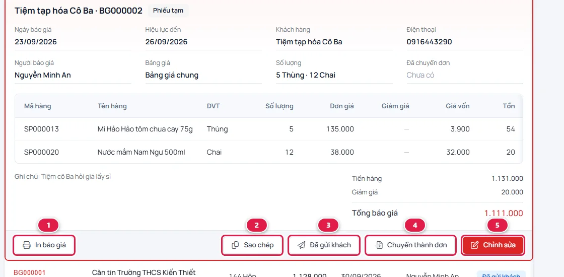 Chi tiết báo giá của Tiệm tạp hóa Cô Ba ở trạng thái Phiếu tạm, các nút In báo giá, Sao chép, Đã gửi khách, Chuyển thành đơn, Chỉnh sửa