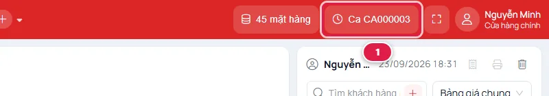 Thanh trên cùng của màn bán hàng với nút mã ca đang mở được khoanh đỏ