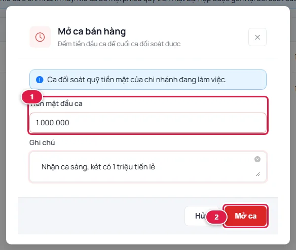 Hộp thoại Mở ca bán hàng: tiền mặt đầu ca 1.000.000, ghi chú, nút Mở ca