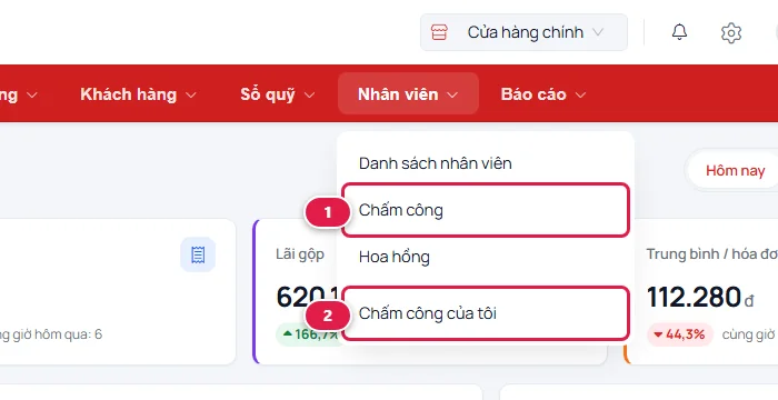 Menu Nhân viên với mục Chấm công (số 1) và Chấm công của tôi (số 2)