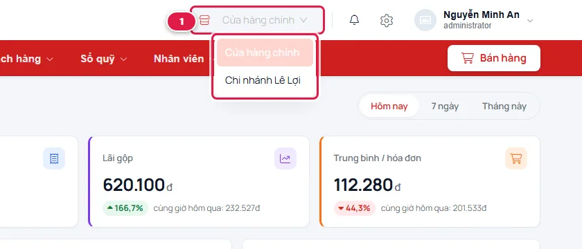 Ô chọn chi nhánh trên thanh trên cùng đang mở, liệt kê Cửa hàng chính và Chi nhánh Lê Lợi