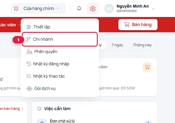 Menu bánh răng đang mở, mục Chi nhánh được khoanh số 1