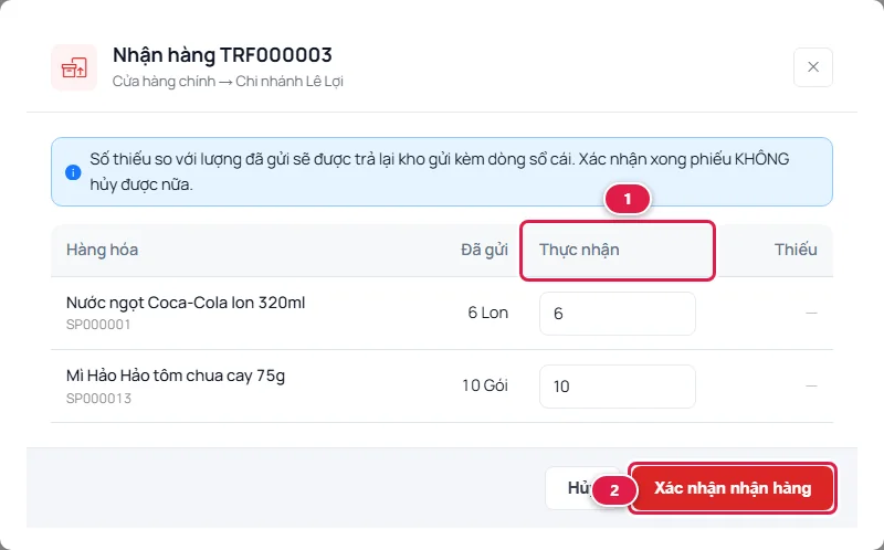 Hộp thoại Nhận hàng TRF từ Cửa hàng chính sang Chi nhánh Lê Lợi: cột Đã gửi, cột Thực nhận số 1 với 6 lon và 10 gói, cột Thiếu, nút Xác nhận nhận hàng số 2