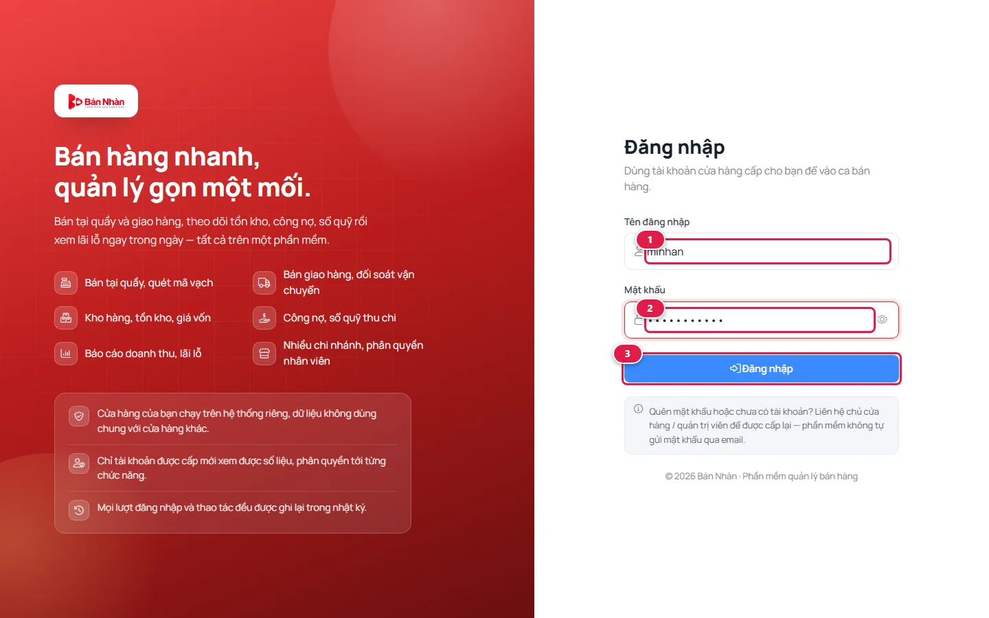 Màn hình đăng nhập Bán Nhàn với ô tên đăng nhập, mật khẩu và nút Đăng nhập được đánh số