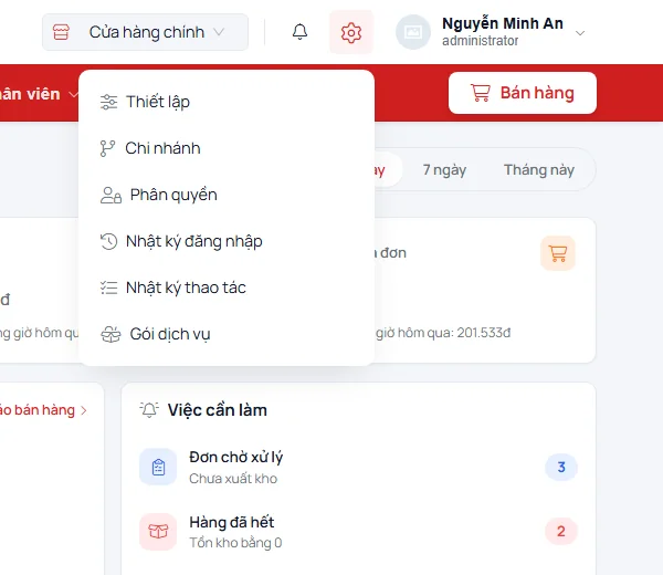 Menu bánh răng gồm Thiết lập, Chi nhánh, Phân quyền, Nhật ký đăng nhập, Nhật ký thao tác