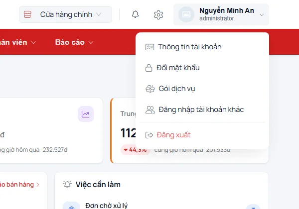 Menu tài khoản với các mục thông tin cá nhân, đổi mật khẩu và đăng xuất