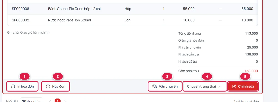 Cuối phần chi tiết đơn đặt hàng có các nút In hóa đơn, Hủy đơn, Vận chuyển, Chuyển trạng thái và Chỉnh sửa