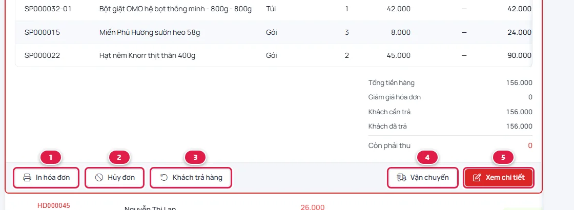 Cuối phần chi tiết hóa đơn có các nút In hóa đơn, Hủy đơn, Khách trả hàng, Vận chuyển, Xem chi tiết