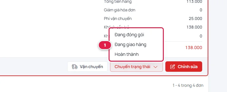 Menu Chuyển trạng thái của đơn Đã xác nhận có ba lựa chọn: Đang đóng gói, Đang giao hàng, Hoàn thành