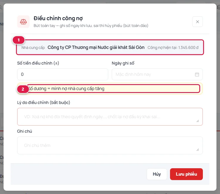 Hộp thoại Điều chỉnh công nợ mở từ màn nhà cung cấp: đã ghi sẵn nhà cung cấp và công nợ hiện tại, khung Số dương bằng mình nợ nhà cung cấp tăng