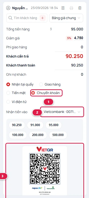 Cột thanh toán chọn Chuyển khoản, ô Nhận tiền vào là tài khoản Vietcombank, bên dưới là mã VietQR để khách quét
