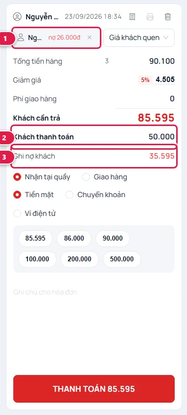 Đã chọn khách Nguyễn Thị Lan đang nợ 26.000đ, khách thanh toán 50.000, ghi nợ khách 40.250