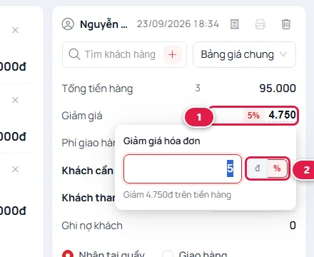 Bảng Giảm giá hóa đơn đang chọn phần trăm, gõ 5, ghi chú Giảm 4.750đ trên tiền hàng