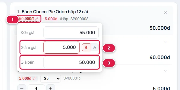 Bảng giảm giá của món Bánh Choco-Pie: Đơn giá 55.000, Giảm giá 5.000 đồng, Giá bán 50.000, các ô được đánh số