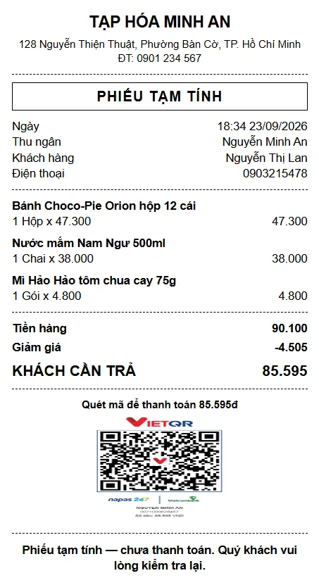 Phiếu tạm tính in khổ 80mm có khung chữ PHIẾU TẠM TÍNH, 3 món hàng, giảm giá, dòng KHÁCH CẦN TRẢ 90.250 và mã QR