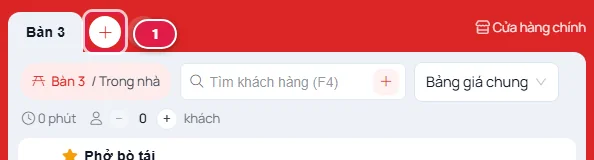Tab Bàn 3 và nút dấu cộng tròn bên cạnh khoanh số 1