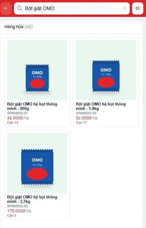 Màn Bán hàng tìm Bột giặt OMO ra ba ô hàng: 800g giá 42.000 còn 13, 1,8kg giá 92.000 còn 17, 3,7kg giá 179.000 còn 3