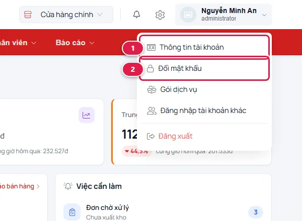 Menu tài khoản mở từ tên người dùng ở góc phải, mục Thông tin tài khoản đánh số 1 và Đổi mật khẩu đánh số 2