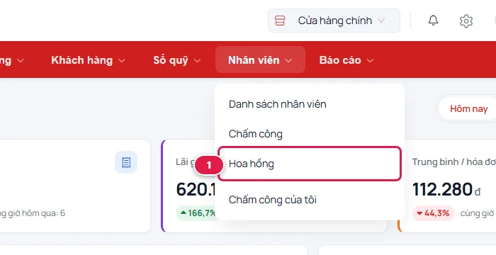 Menu Nhân viên với mục Hoa hồng khoanh số 1