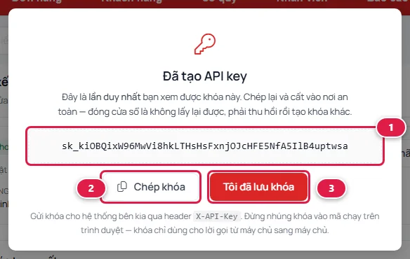 Hộp thoại hiện mã kết nối vừa tạo (số 1) kèm nút Chép khóa (số 2) và nút Tôi đã lưu khóa (số 3)