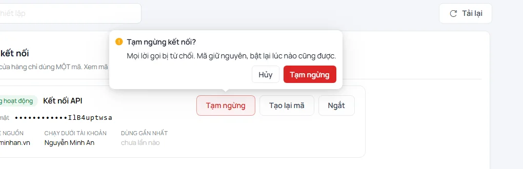 Hộp hỏi lại khi bấm Tạm ngừng: mọi lời gọi bị từ chối, mã giữ nguyên, bật lại lúc nào cũng được