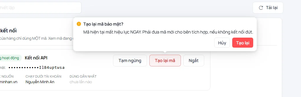 Hộp hỏi lại khi bấm Tạo lại mã: mã hiện tại mất hiệu lực ngay, phải đưa mã mới cho bên tích hợp