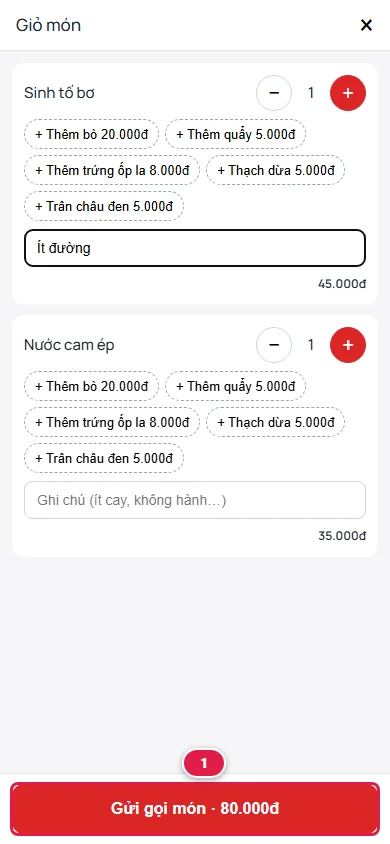 Giỏ món của khách: Sinh tố bơ ghi chú Ít đường, Nước cam ép, các nút món thêm có giá, nút Gửi gọi món · 80.000đ khoanh số 1