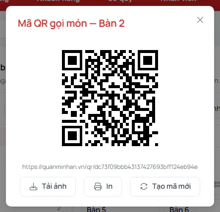 Hộp Mã QR gọi món — Bàn 2 với mã QR, đường dẫn bên dưới và ba nút Tải ảnh, In, Tạo mã mới