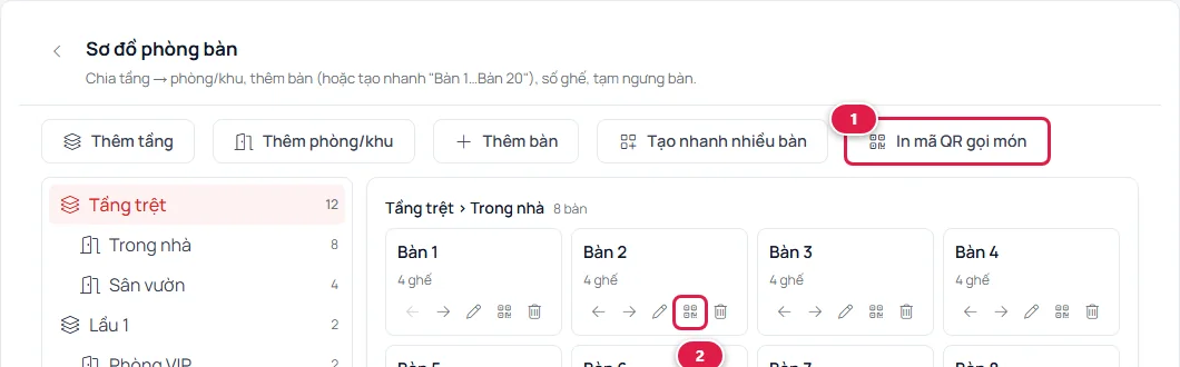 Màn Sơ đồ phòng bàn: nút In mã QR gọi món khoanh số 1, nút mã QR nhỏ trên thẻ Bàn 2 khoanh số 2