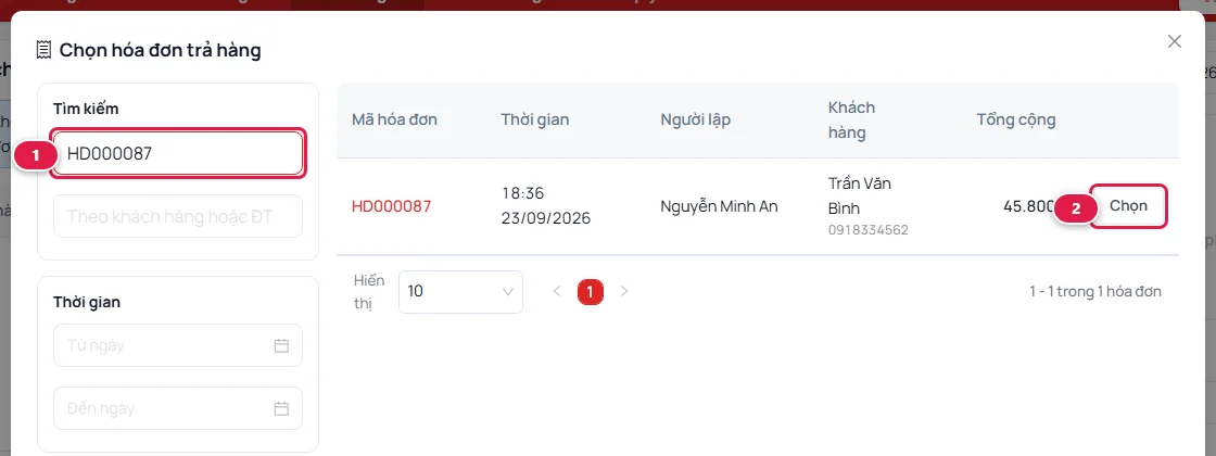 Hộp Chọn hóa đơn trả hàng, đã gõ số hóa đơn vào ô tìm, bảng hiện một hóa đơn của khách Trần Văn Bình với nút Chọn