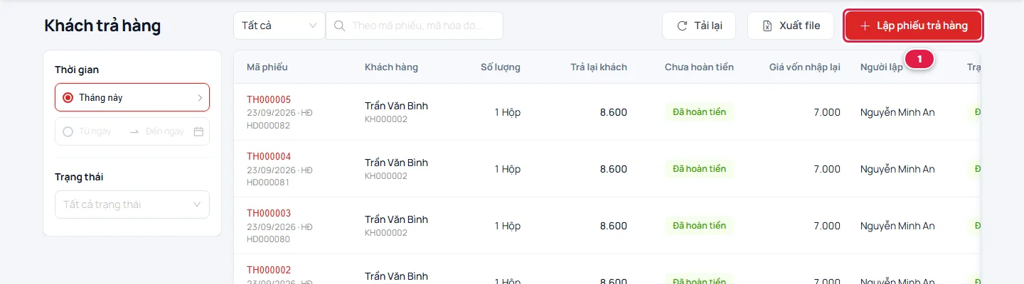 Màn Khách trả hàng với danh sách phiếu trả và nút Lập phiếu trả hàng