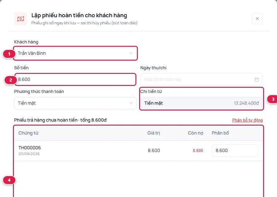 Hộp Lập phiếu hoàn tiền cho khách hàng: khách Trần Văn Bình, số tiền 8.600, chi tiền từ quỹ Tiền mặt, bảng phiếu trả hàng chưa hoàn tiền đã phân bổ 8.600